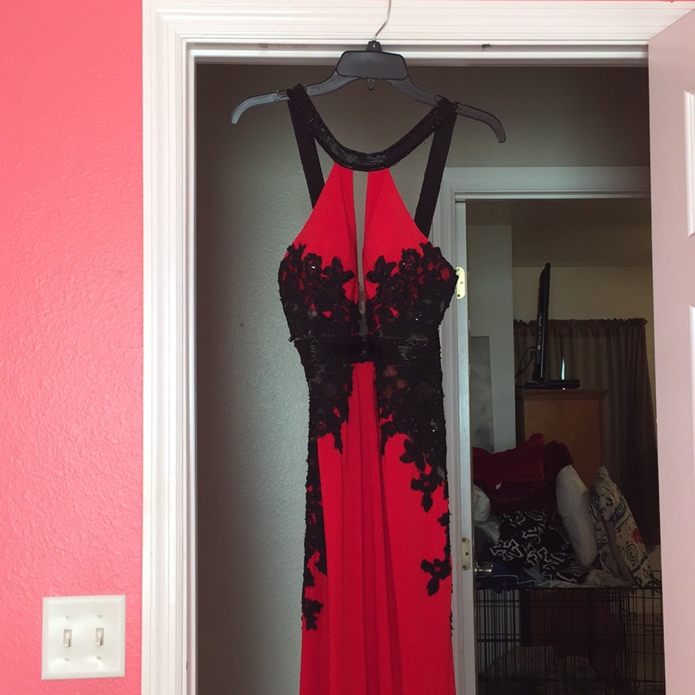 Long red and black flower beaded prom dress